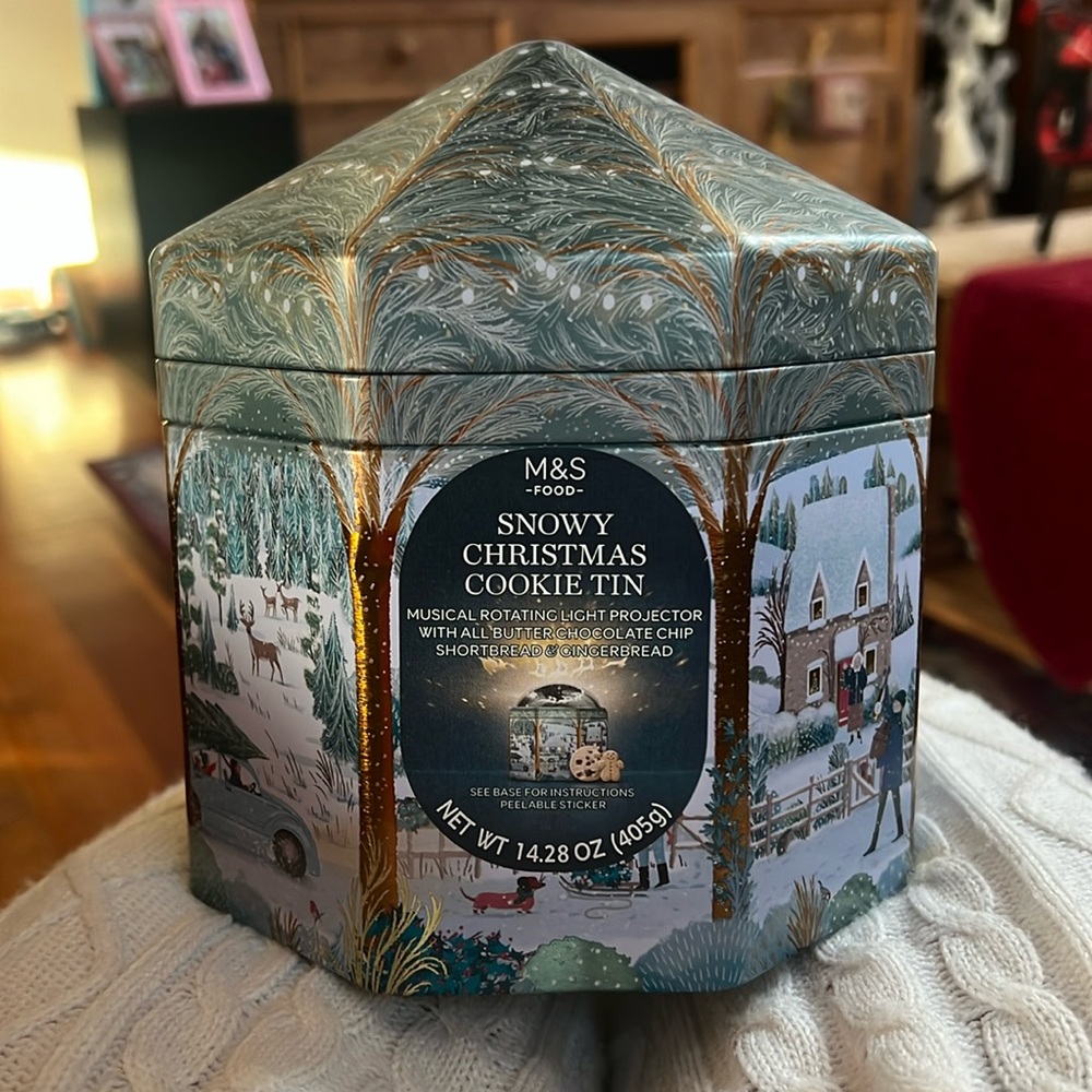 Target snowy Christmas cookie tin rotating light projector